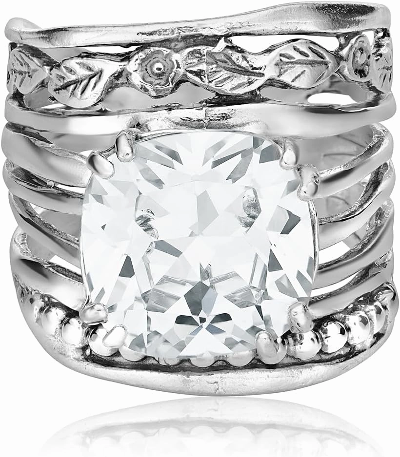 JEAN RACHEL JEWELRY 925 Sterling Silver Ring with 12mm Cushion Shaped Cubic Zirconia Vintage Design - Hypoallergenic, Lead & Nickel Free - Artisan Handcrafted Statement Rings for Women