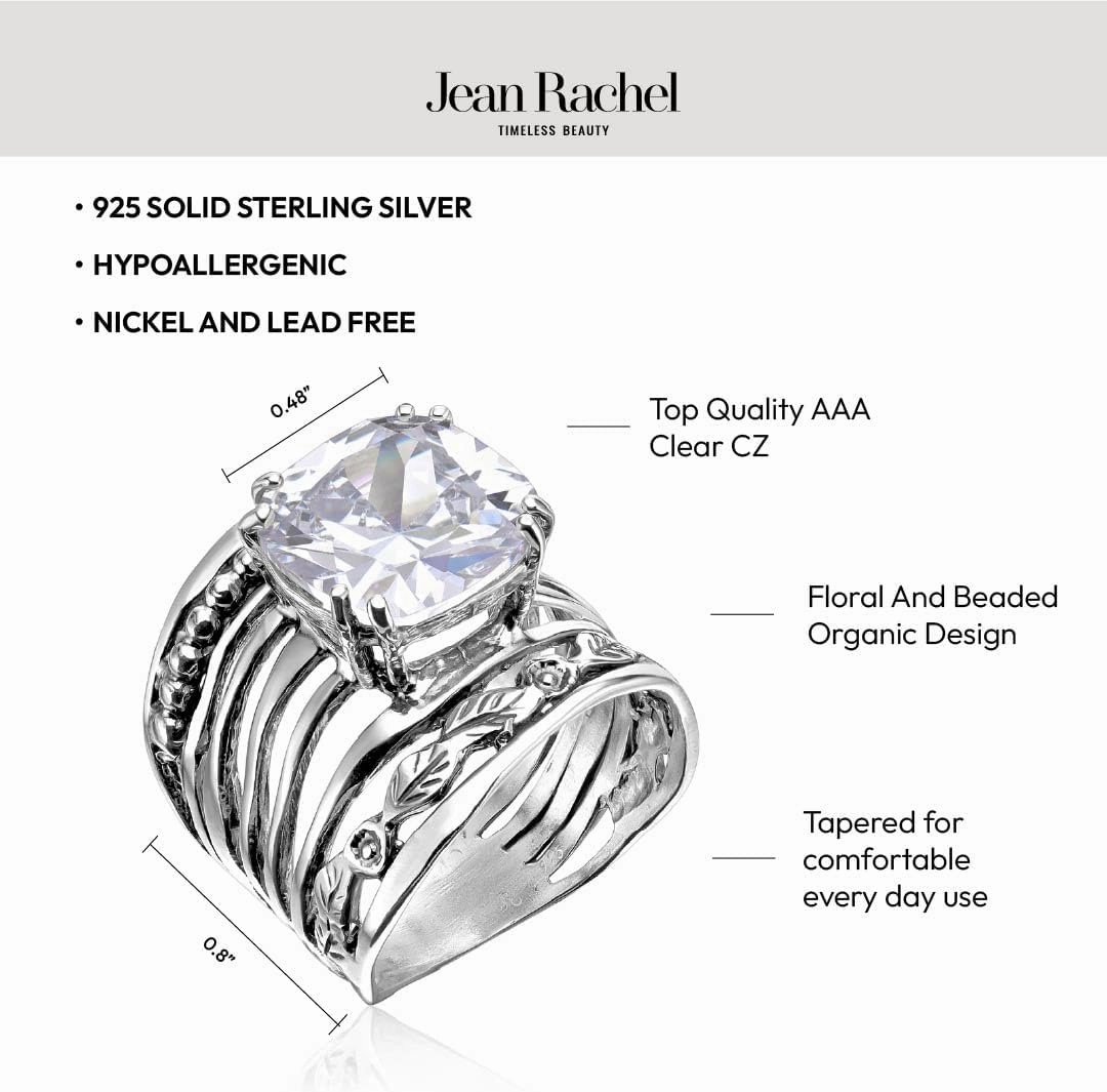 JEAN RACHEL JEWELRY 925 Sterling Silver Ring with 12mm Cushion Shaped Cubic Zirconia Vintage Design - Hypoallergenic, Lead & Nickel Free - Artisan Handcrafted Statement Rings for Women