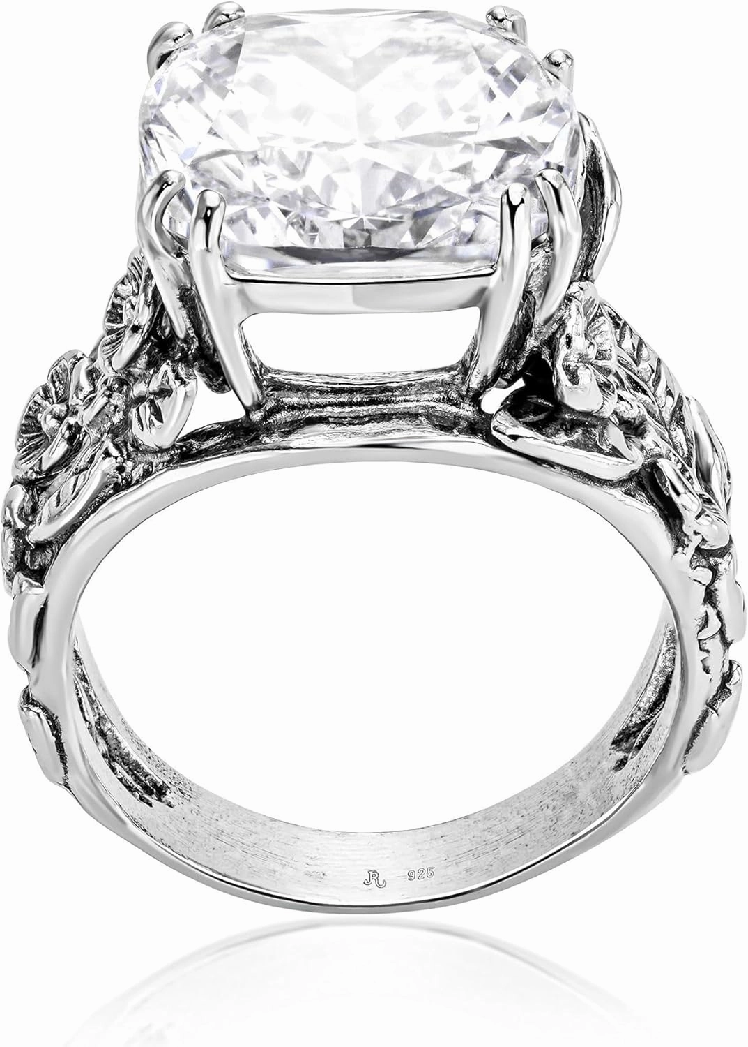 JEAN RACHEL JEWELRY 925 Sterling Silver Ring with Cushion Shaped Cubic Zirconia - Floral Leaf Vintage Design - Hypoallergenic, Lead & Nickel Free - Artisan Handcrafted Statement Rings for Women