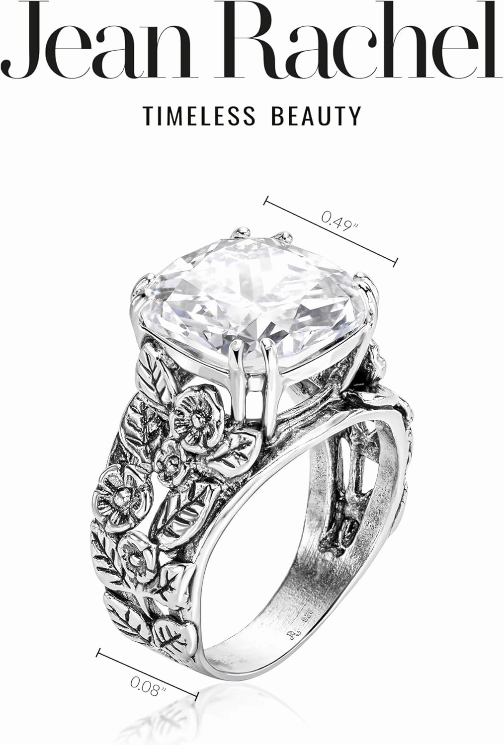 JEAN RACHEL JEWELRY 925 Sterling Silver Ring with Cushion Shaped Cubic Zirconia - Floral Leaf Vintage Design - Hypoallergenic, Lead & Nickel Free - Artisan Handcrafted Statement Rings for Women