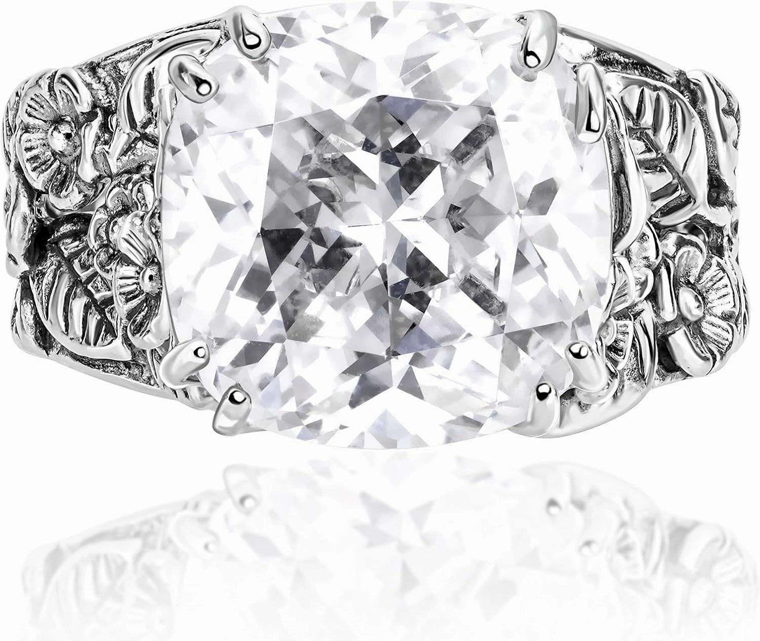 JEAN RACHEL JEWELRY 925 Sterling Silver Ring with Cushion Shaped Cubic Zirconia - Floral Leaf Vintage Design - Hypoallergenic, Lead & Nickel Free - Artisan Handcrafted Statement Rings for Women