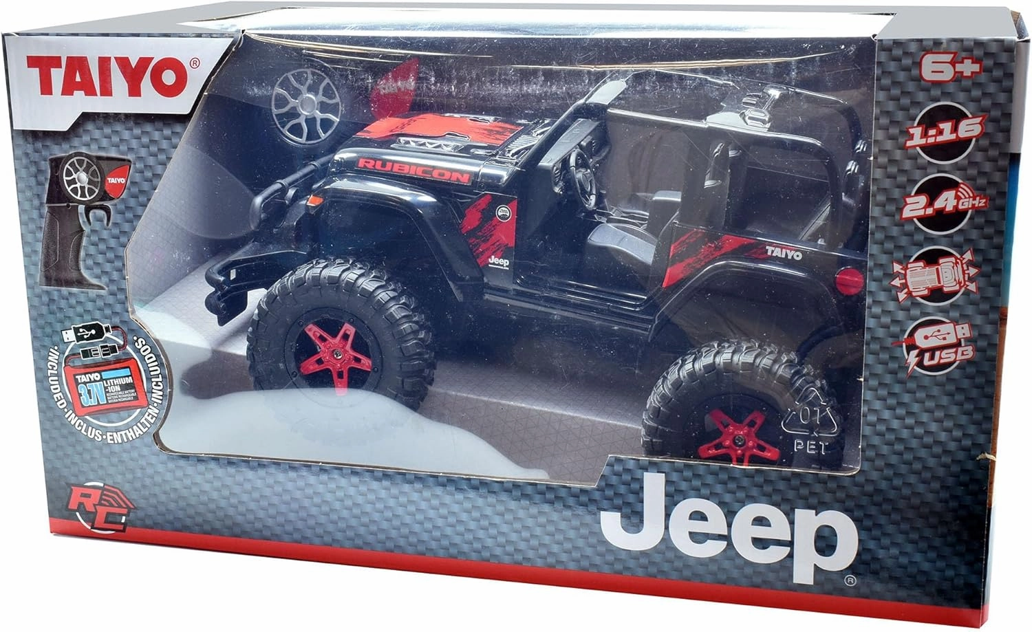 Jeep Wrangler Rubicon 2 Door 1:16 Scale R/C - Black - Taiyo, 2.4GHz, Remote Control Vehicle, Authentic Design, Battery Powered Hobby Car