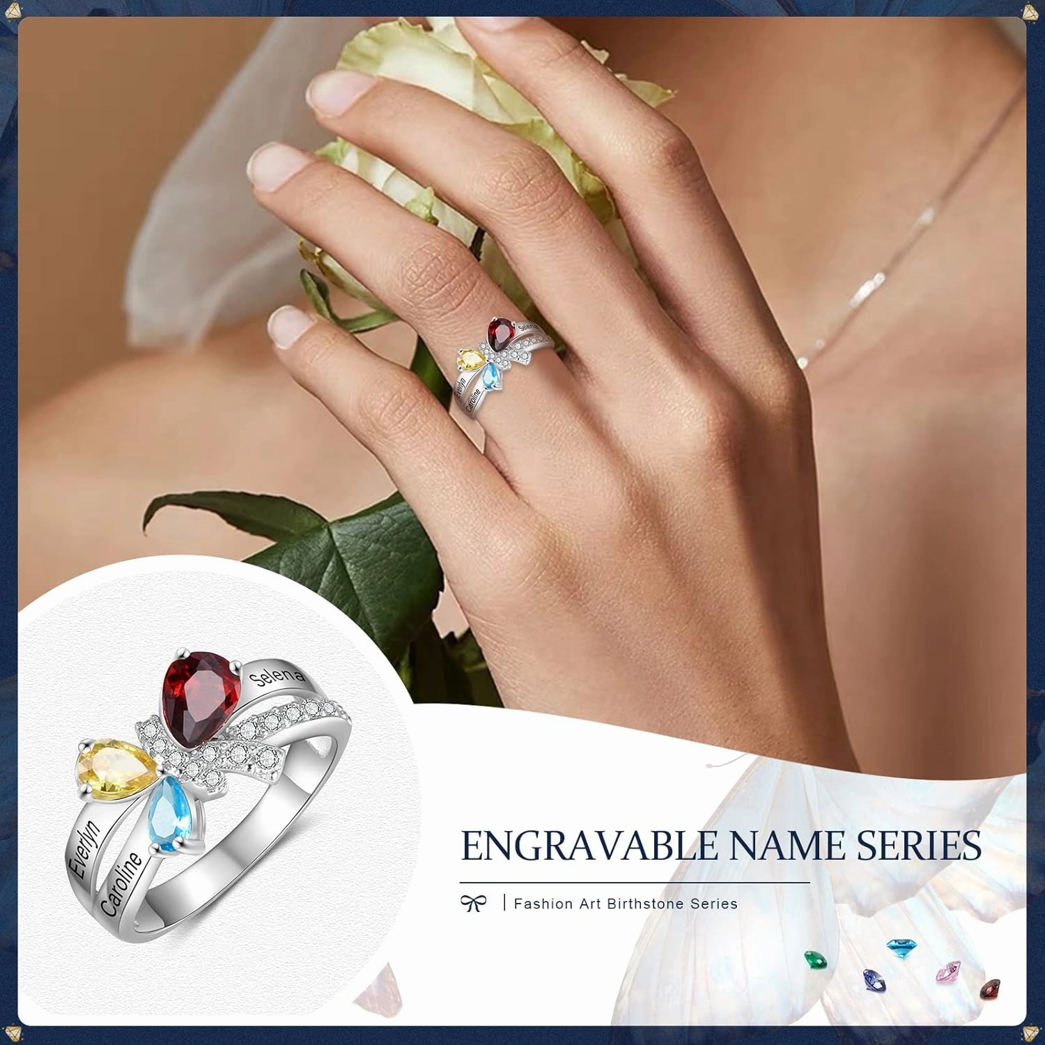 JewelOra Personalized Butterfly Promise Ring for Women Customized Name Wedding Ring with Simulated Birthstones Engagement Ring for Mother Grandma