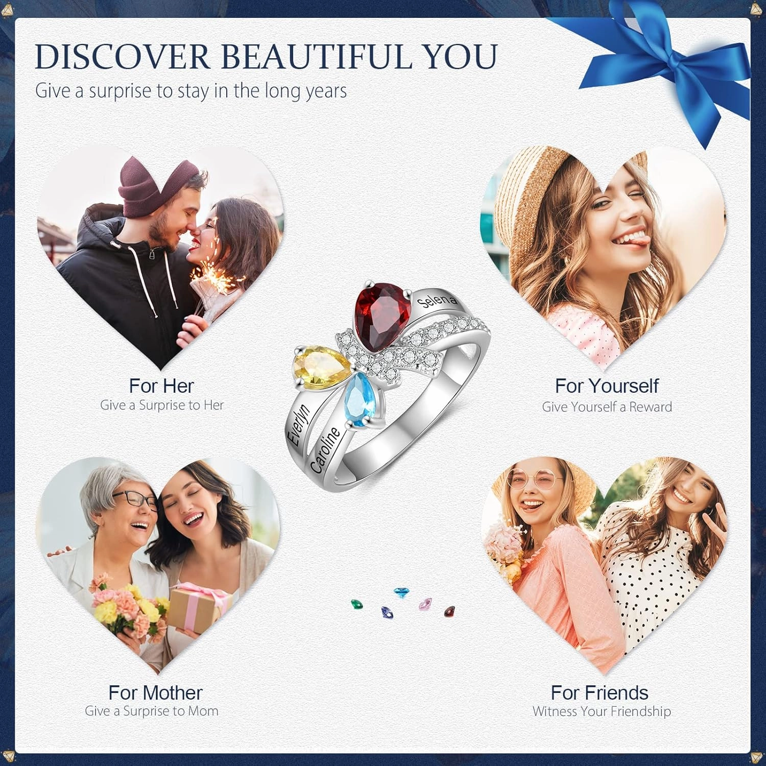 JewelOra Personalized Butterfly Promise Ring for Women Customized Name Wedding Ring with Simulated Birthstones Engagement Ring for Mother Grandma