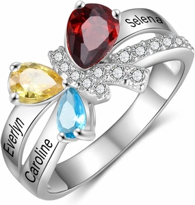 JewelOra Personalized Butterfly Promise Ring for Women Customized Name Wedding Ring with Simulated Birthstones Engagement Ring for Mother Grandma