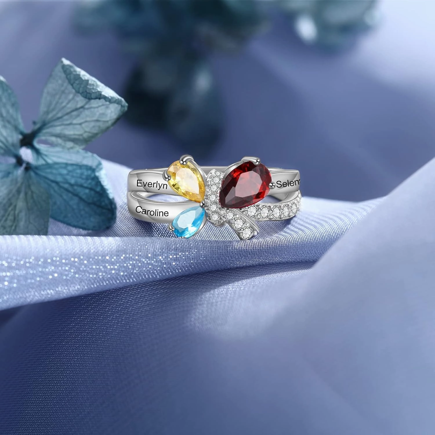 JewelOra Personalized Butterfly Promise Ring for Women Customized Name Wedding Ring with Simulated Birthstones Engagement Ring for Mother Grandma
