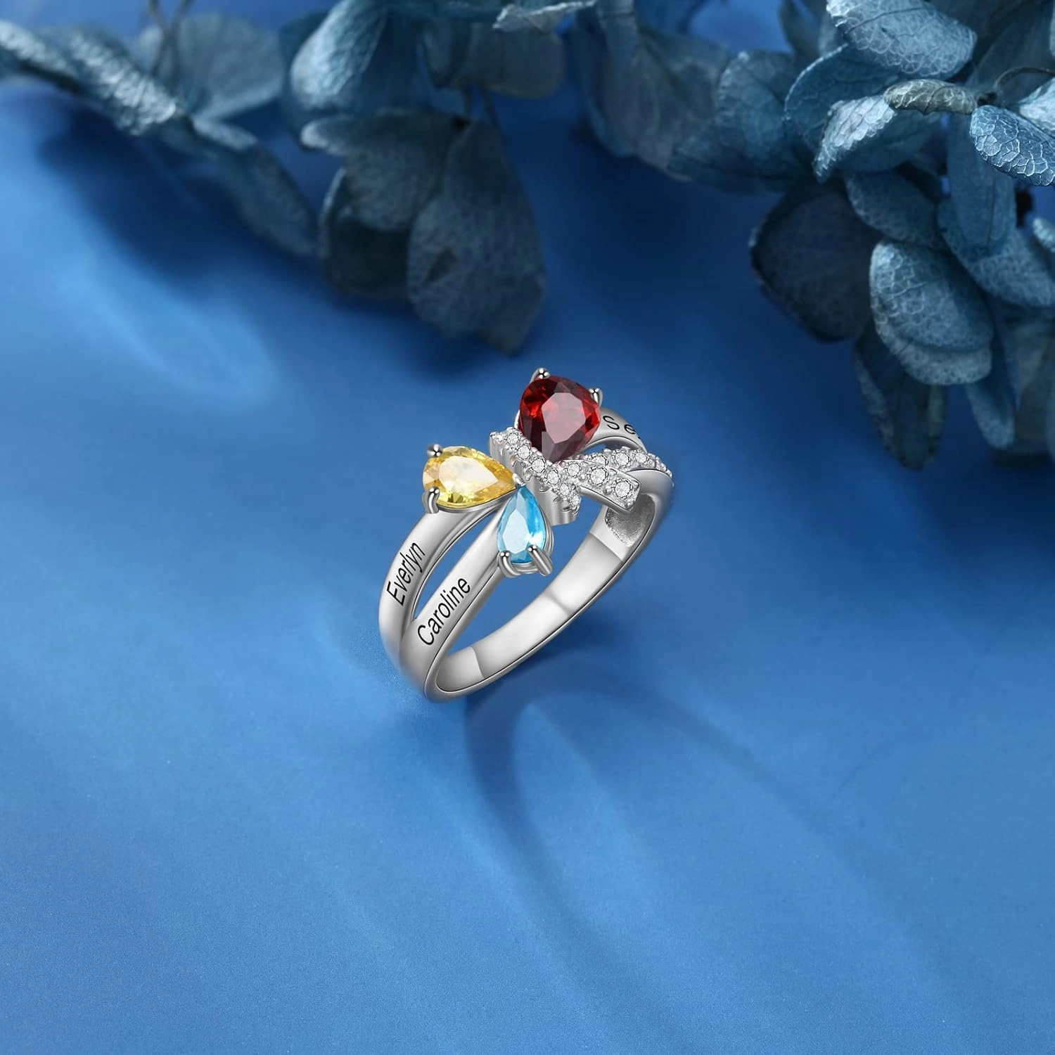 JewelOra Personalized Butterfly Promise Ring for Women Customized Name Wedding Ring with Simulated Birthstones Engagement Ring for Mother Grandma