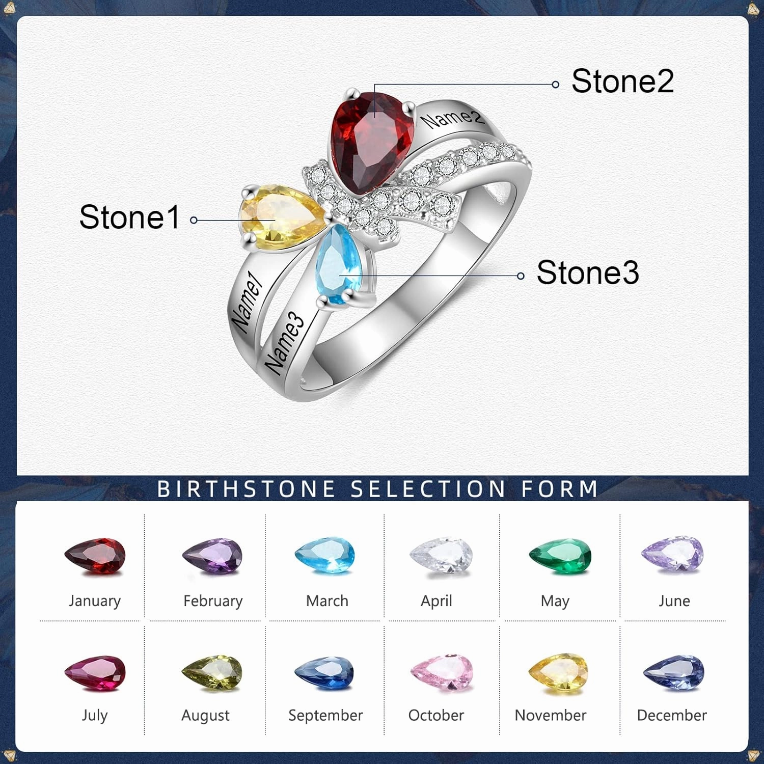 JewelOra Personalized Butterfly Promise Ring for Women Customized Name Wedding Ring with Simulated Birthstones Engagement Ring for Mother Grandma