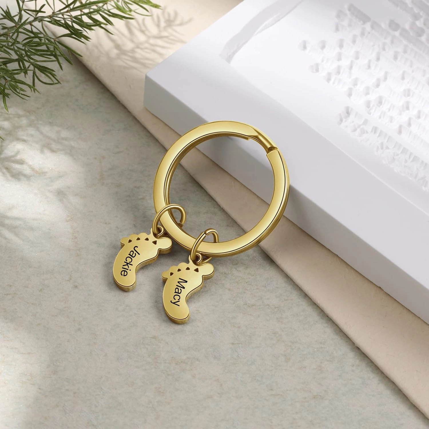 JewelOra Personalized Name Keychain for Women, Custom Engraved 1-5 Family Name Baby Feet Key Ring Gifts for Newborn Mother