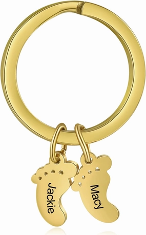 JewelOra Personalized Name Keychain for Women, Custom Engraved 1-5 Family Name Baby Feet Key Ring Gifts for Newborn Mother