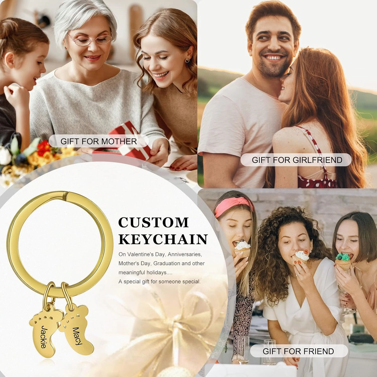 JewelOra Personalized Name Keychain for Women, Custom Engraved 1-5 Family Name Baby Feet Key Ring Gifts for Newborn Mother