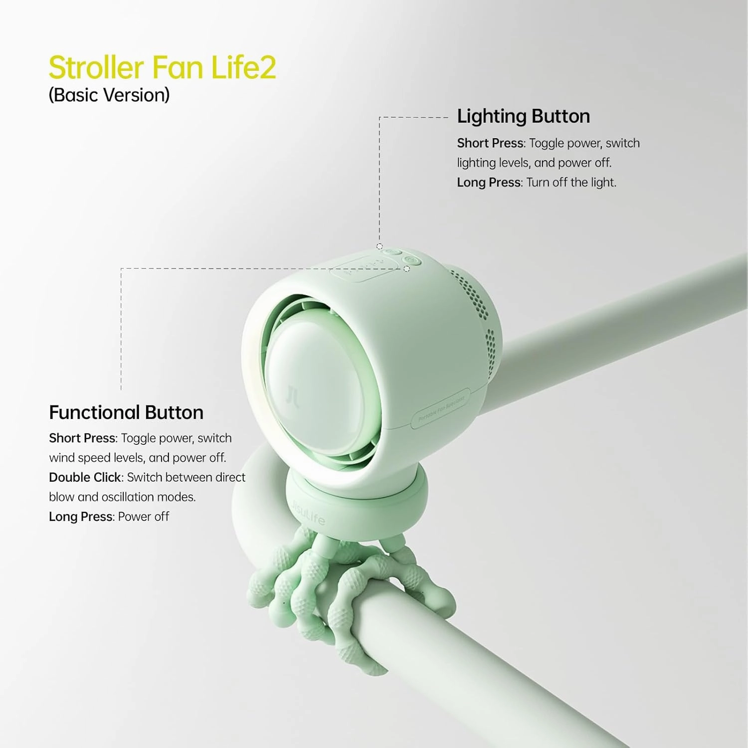 JISULIFE Stroller Fan Baby Large, Safe Bladeless for Crib, Desk, Portable Battery Rechargeable Cooling Fan with Air Turbo Tech, Night Light, Food-Grade Gift for Mom/Dad/Friend - Green
