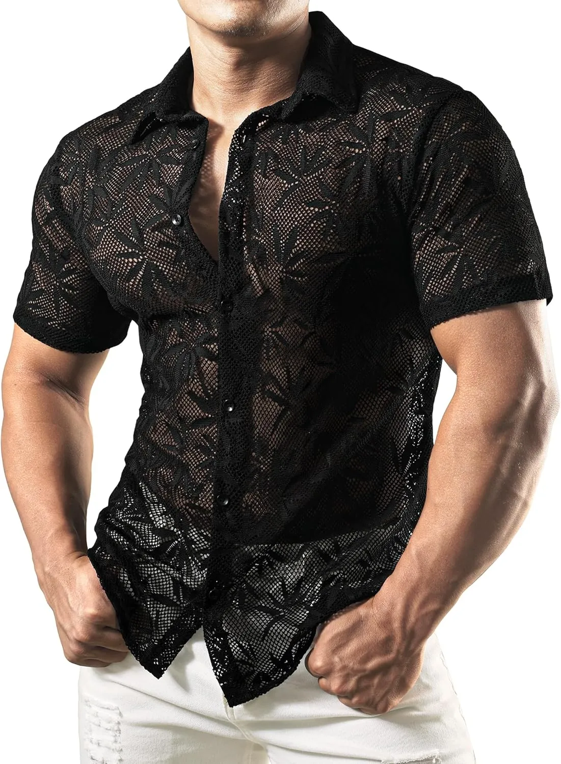 JOGAL Mens Floral Lace Shirt See Through Casual Button Down Shirts
