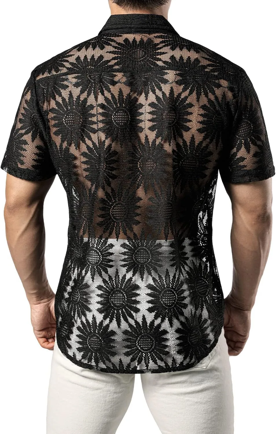 JOGAL Mens Floral Lace Shirt See Through Casual Button Down Shirts