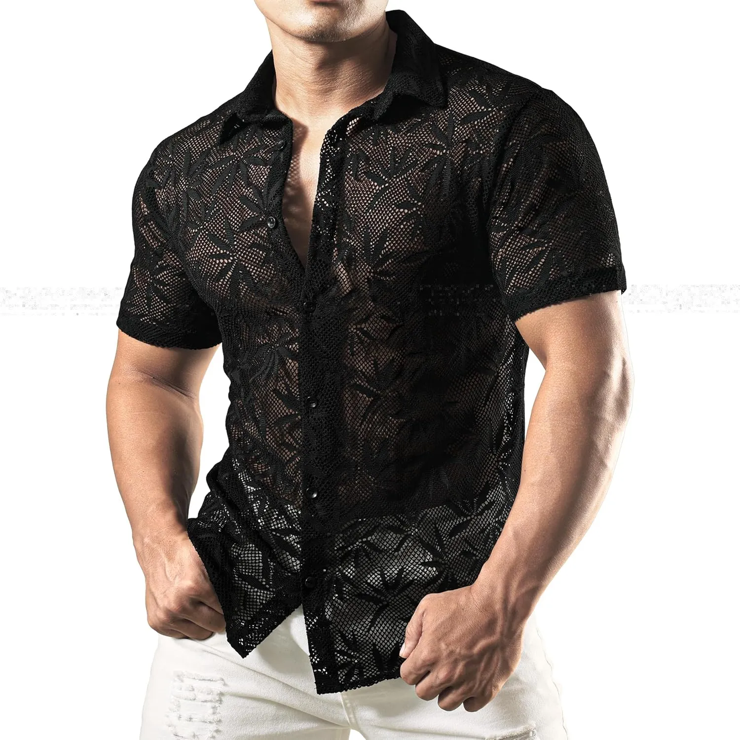 JOGAL Mens Floral Lace Shirt See Through Casual Button Down Shirts