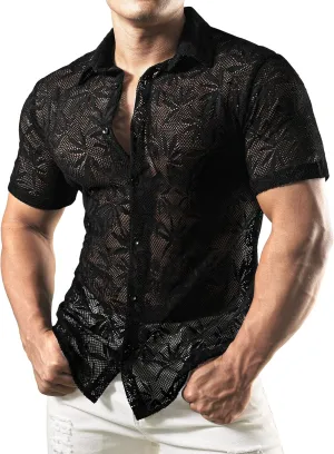JOGAL Mens Floral Lace Shirt See Through Casual Button Down Shirts