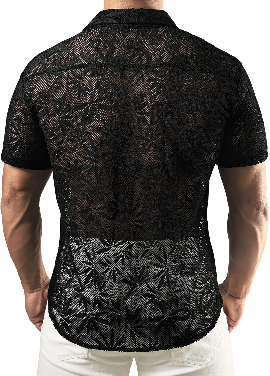 JOGAL Mens Floral Lace Shirt See Through Casual Button Down Shirts