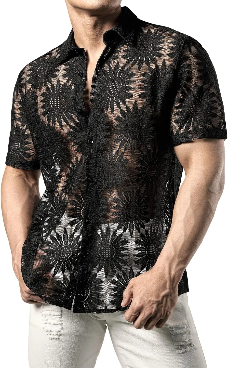 JOGAL Mens Floral Lace Shirt See Through Casual Button Down Shirts