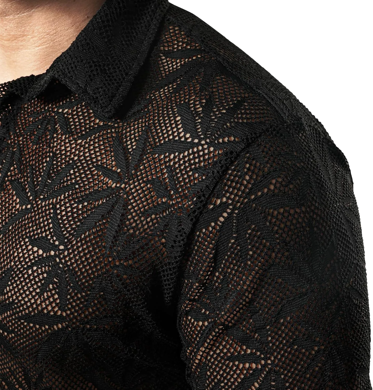 JOGAL Mens Floral Lace Shirt See Through Casual Button Down Shirts
