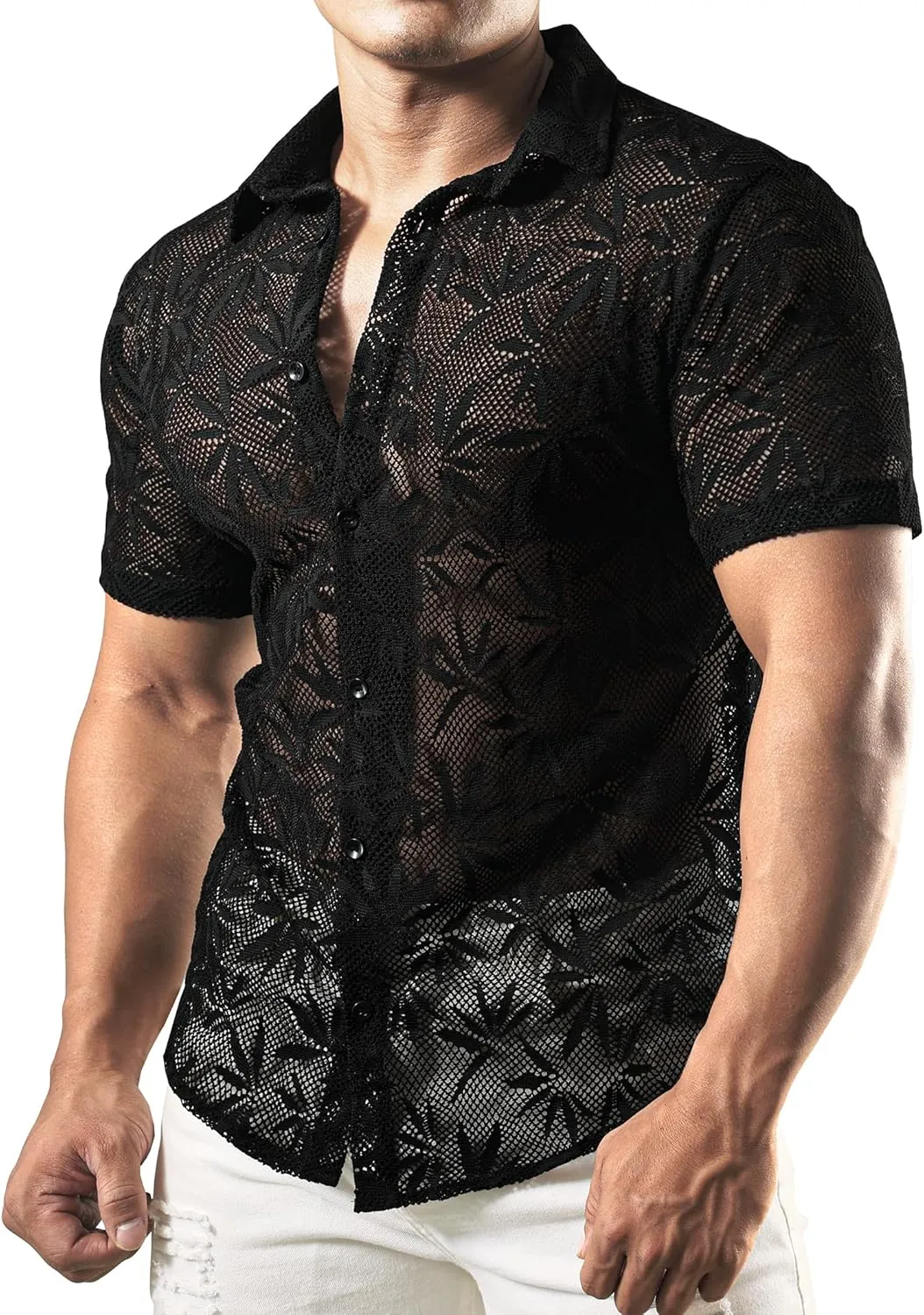 JOGAL Mens Floral Lace Shirt See Through Casual Button Down Shirts