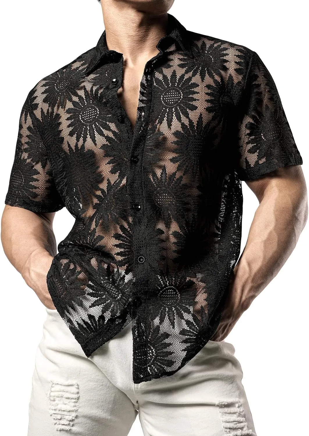 JOGAL Mens Floral Lace Shirt See Through Casual Button Down Shirts