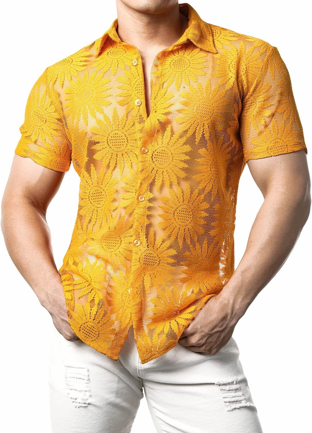 JOGAL Mens Floral Lace Shirt See Through Casual Button Down Shirts