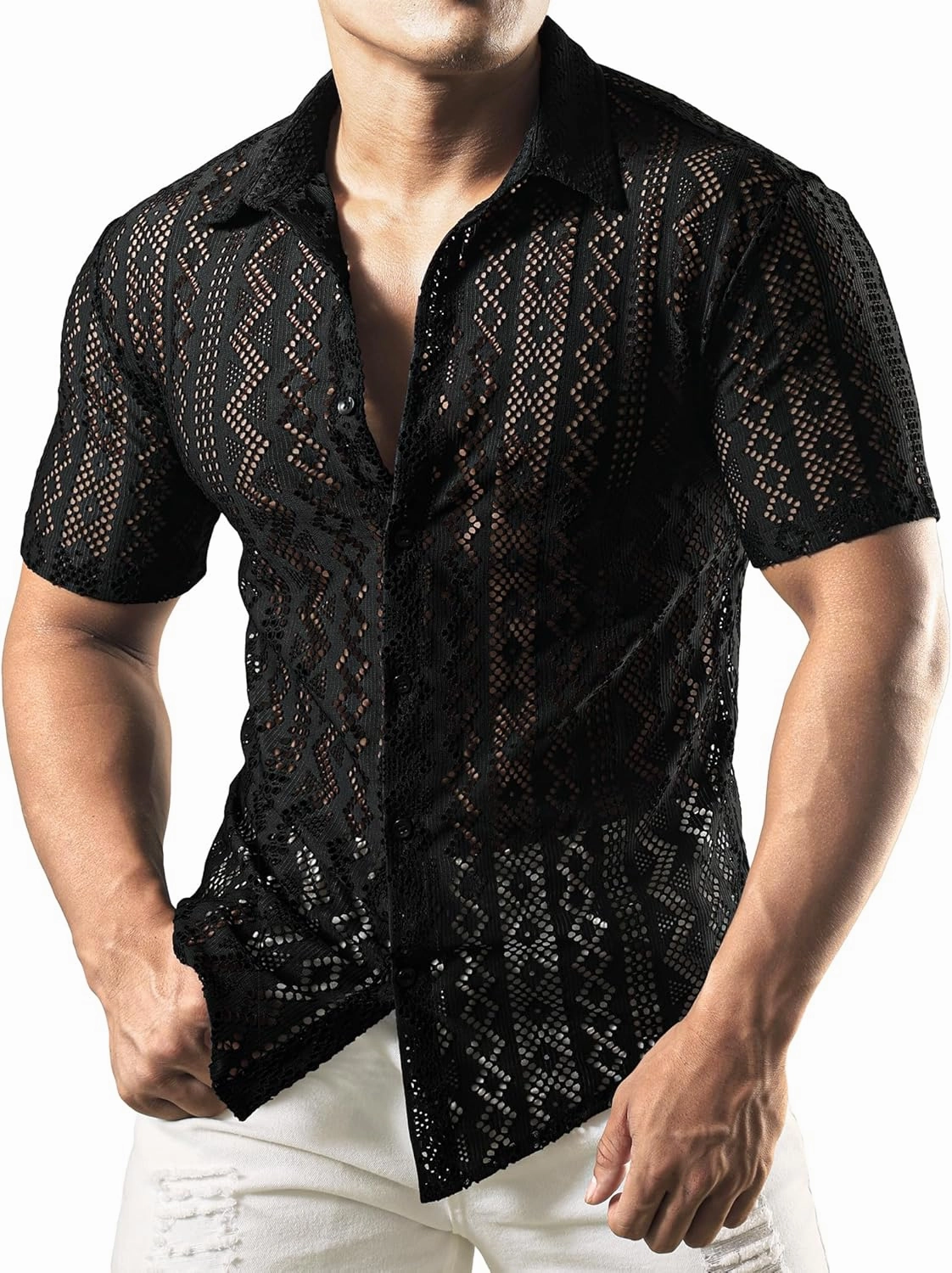 JOGAL Mens Floral Lace Shirt See Through Casual Button Down Shirts
