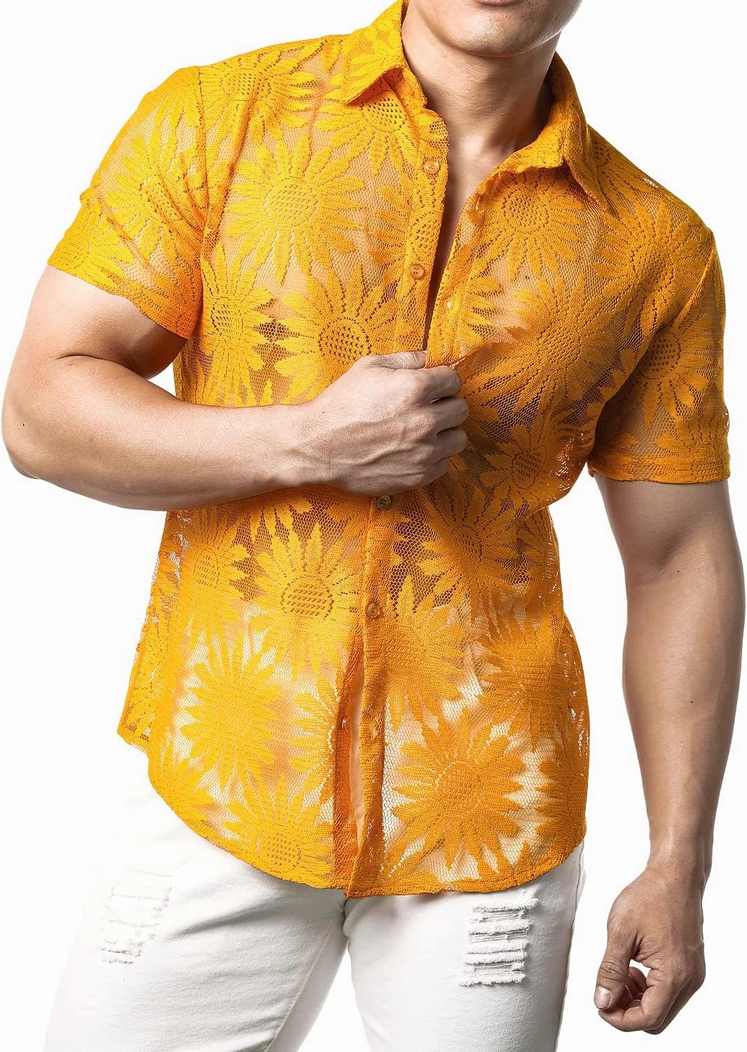 JOGAL Mens Floral Lace Shirt See Through Casual Button Down Shirts