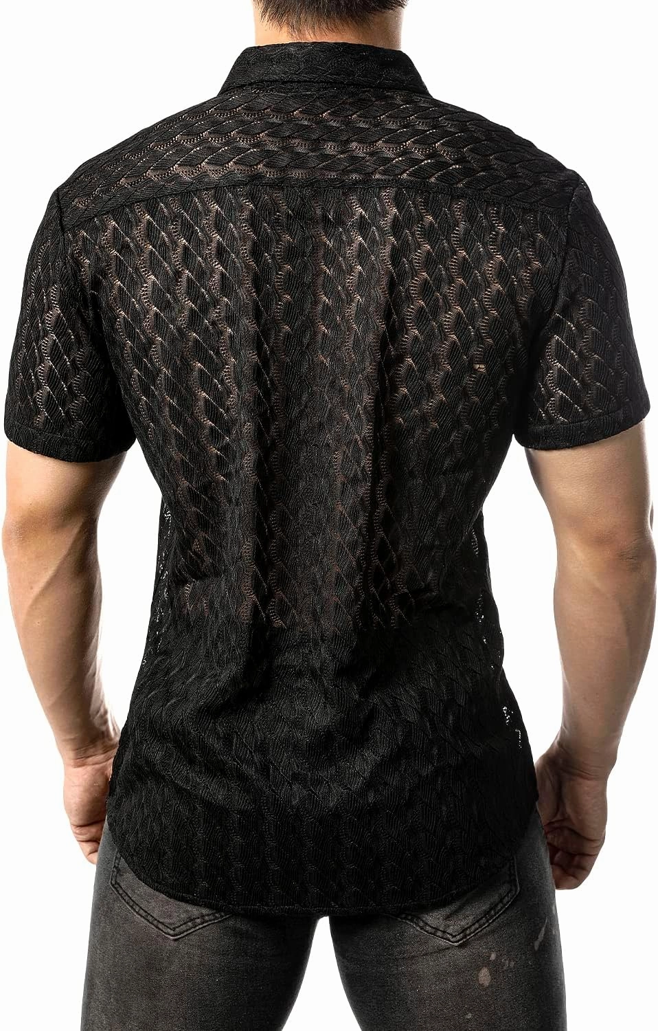 JOGAL Mens Floral Lace Shirt See Through Casual Button Down Shirts