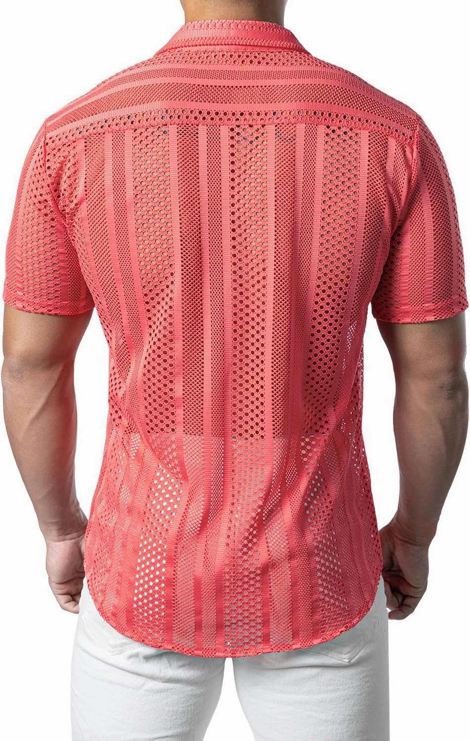 JOGAL Mens Floral Lace Shirt See Through Casual Button Down Shirts