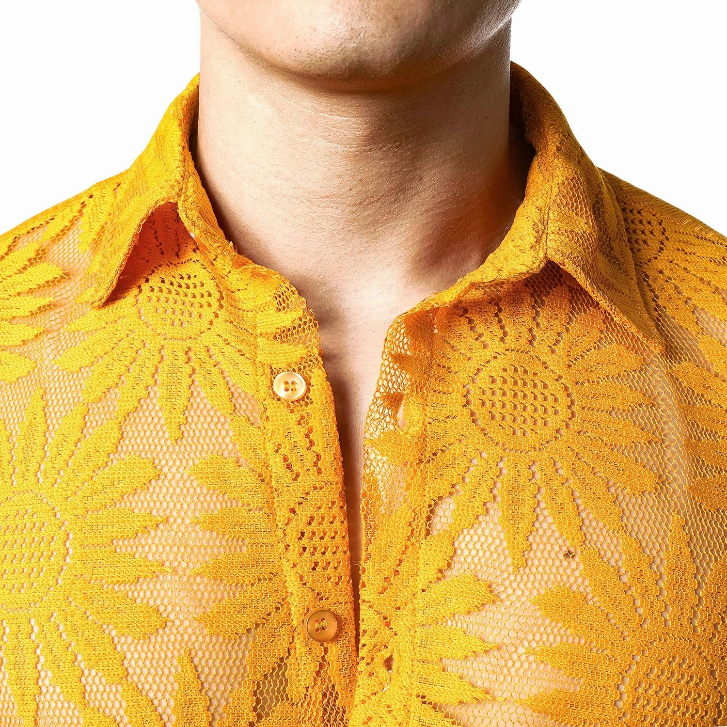 JOGAL Mens Floral Lace Shirt See Through Casual Button Down Shirts
