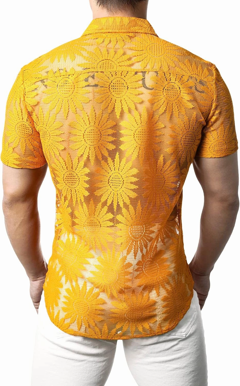 JOGAL Mens Floral Lace Shirt See Through Casual Button Down Shirts