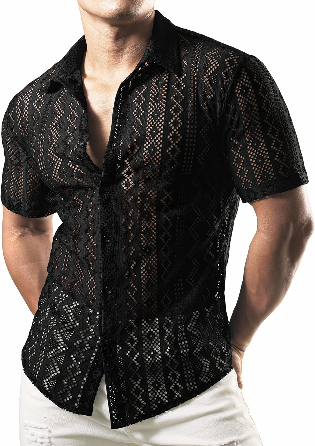 JOGAL Mens Floral Lace Shirt See Through Casual Button Down Shirts