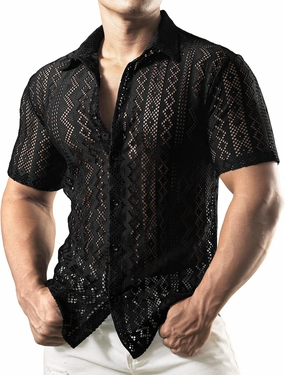 JOGAL Mens Floral Lace Shirt See Through Casual Button Down Shirts
