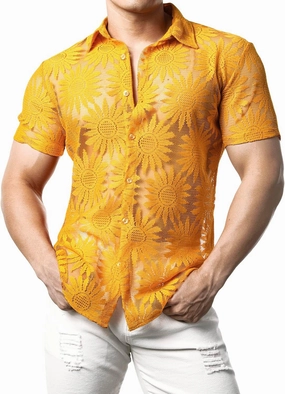 JOGAL Mens Floral Lace Shirt See Through Casual Button Down Shirts