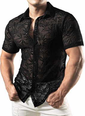 JOGAL Mens Floral Lace Shirt See Through Casual Button Down Shirts