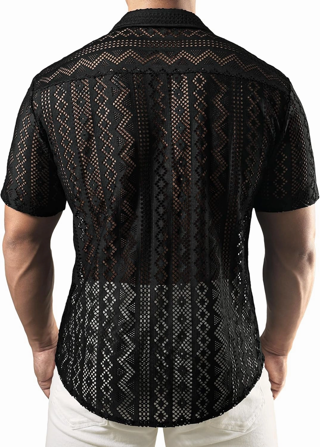 JOGAL Mens Floral Lace Shirt See Through Casual Button Down Shirts