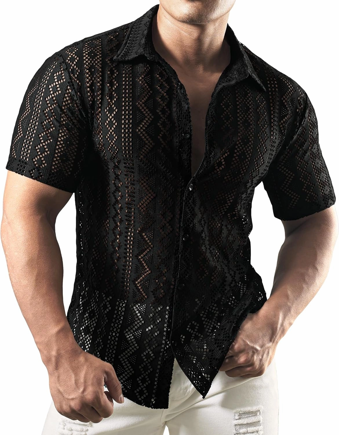 JOGAL Mens Floral Lace Shirt See Through Casual Button Down Shirts