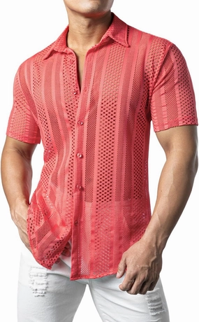 JOGAL Mens Floral Lace Shirt See Through Casual Button Down Shirts