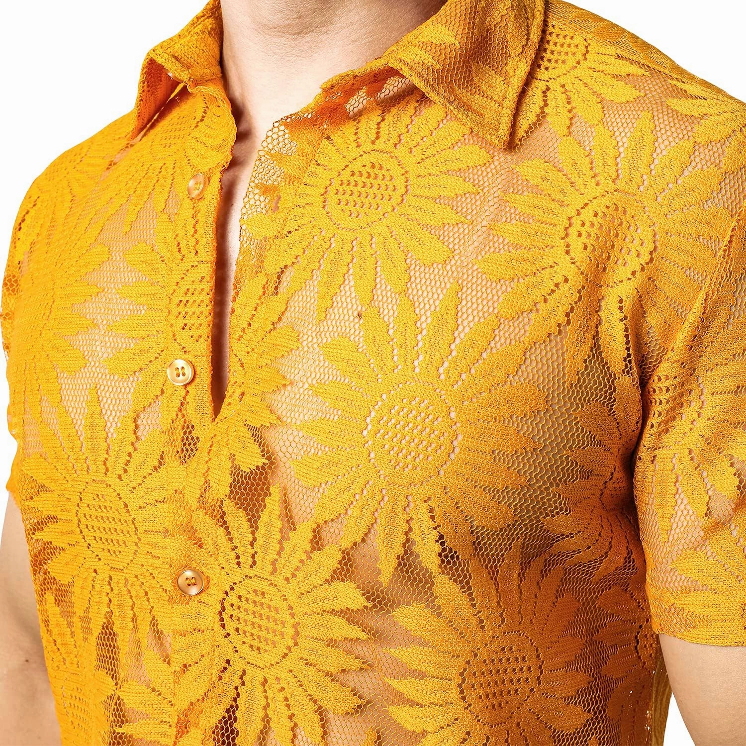 JOGAL Mens Floral Lace Shirt See Through Casual Button Down Shirts