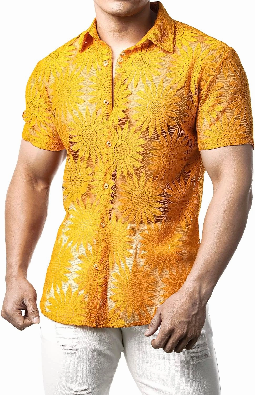JOGAL Mens Floral Lace Shirt See Through Casual Button Down Shirts