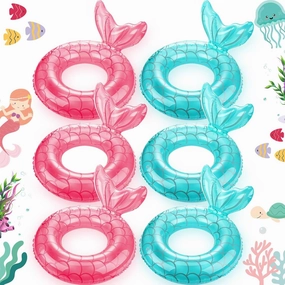 Junkin 6 Pcs Mermaid Tail Pool Floaties Inflatable Swim Float Mermaid Pool Ring 30 Inch Inflatable Ring Floatie Summer Beach Pool Float Tube for Kids Adult Outdoor Water Beach Pool Party Supplies