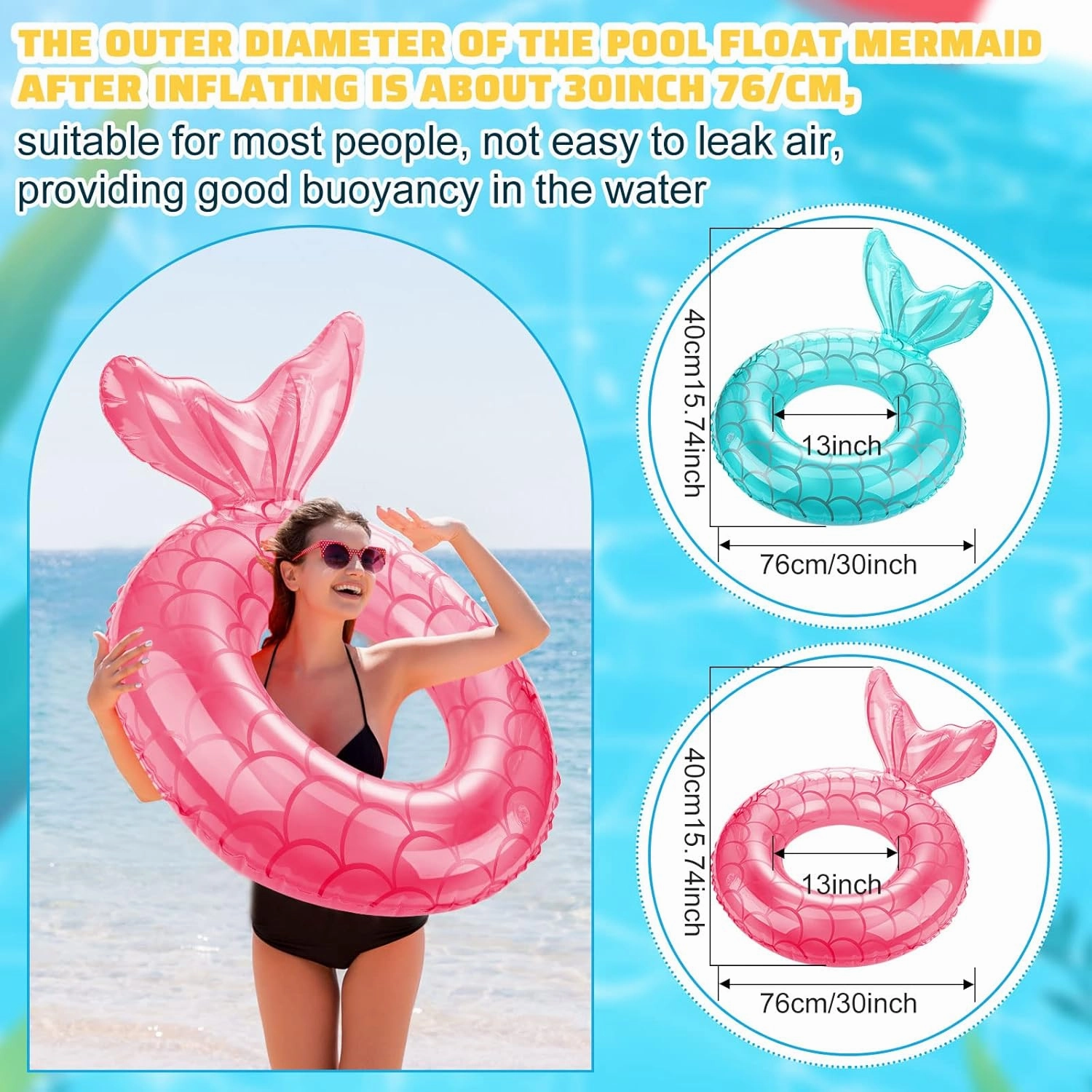 Junkin 6 Pcs Mermaid Tail Pool Floaties Inflatable Swim Float Mermaid Pool Ring 30 Inch Inflatable Ring Floatie Summer Beach Pool Float Tube for Kids Adult Outdoor Water Beach Pool Party Supplies
