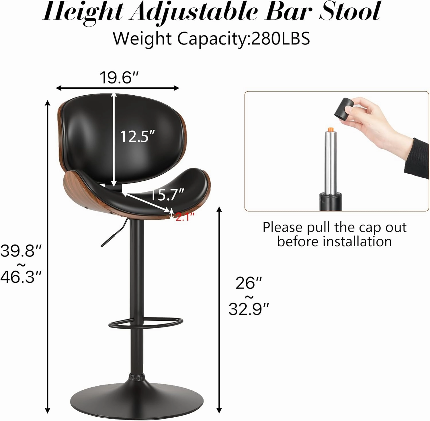 KCC Bar Stools Set of 2, Swivel Adjustable Height Barstools, PU Leather Upholstered Bar Chairs with Footrest, Bentwood Bar Stool for Kitchen, Bar, Dining Room(Black PU)