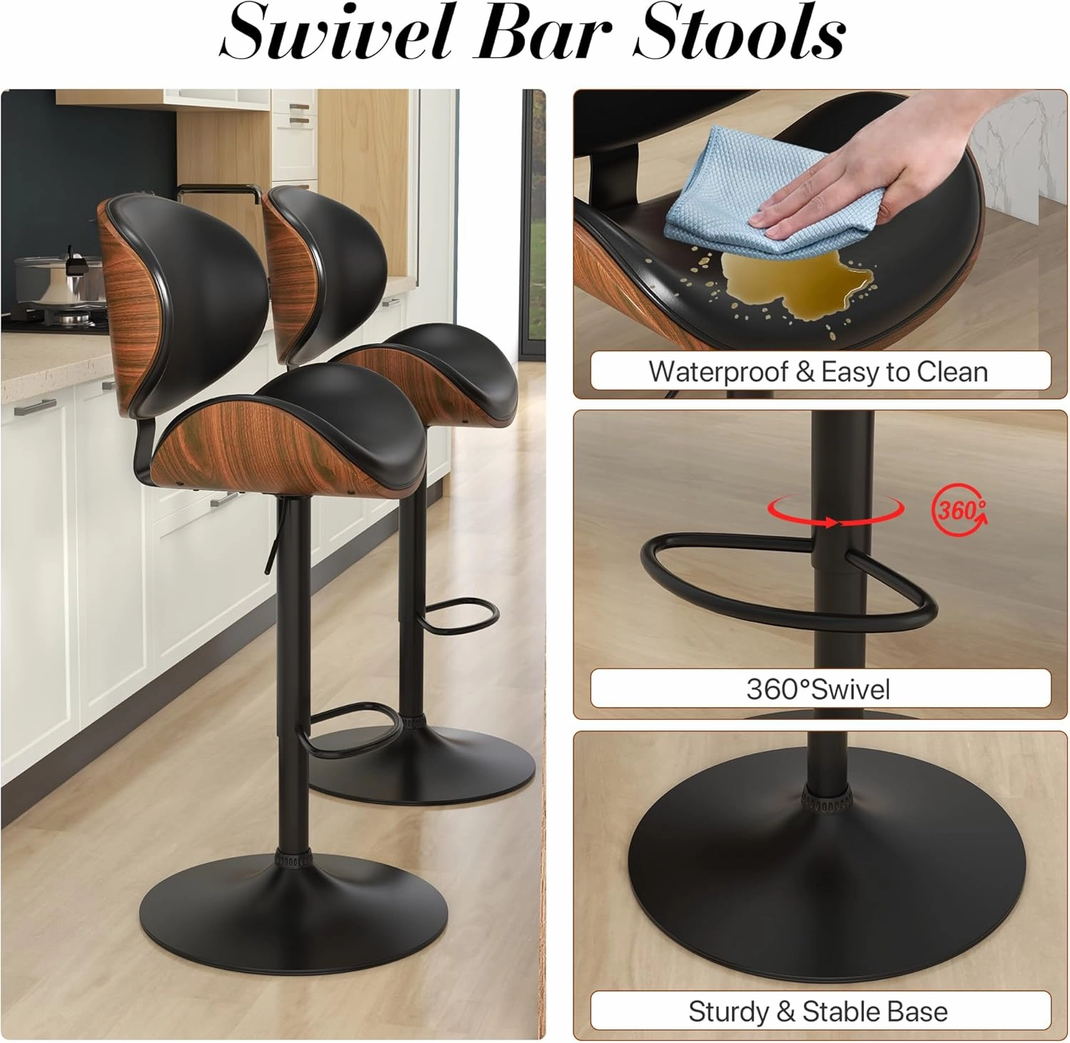 KCC Bar Stools Set of 2, Swivel Adjustable Height Barstools, PU Leather Upholstered Bar Chairs with Footrest, Bentwood Bar Stool for Kitchen, Bar, Dining Room(Black PU)