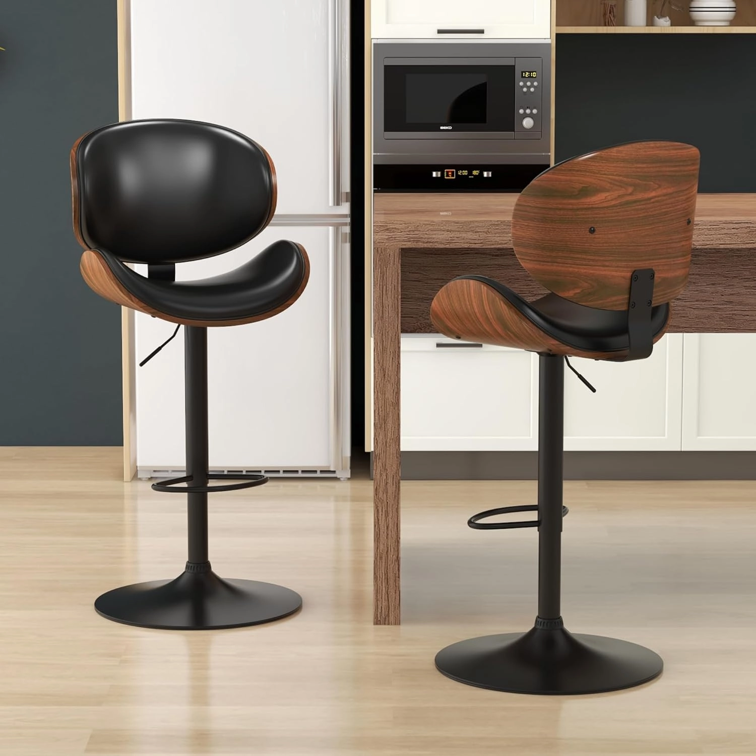 KCC Bar Stools Set of 2, Swivel Adjustable Height Barstools, PU Leather Upholstered Bar Chairs with Footrest, Bentwood Bar Stool for Kitchen, Bar, Dining Room(Black PU)