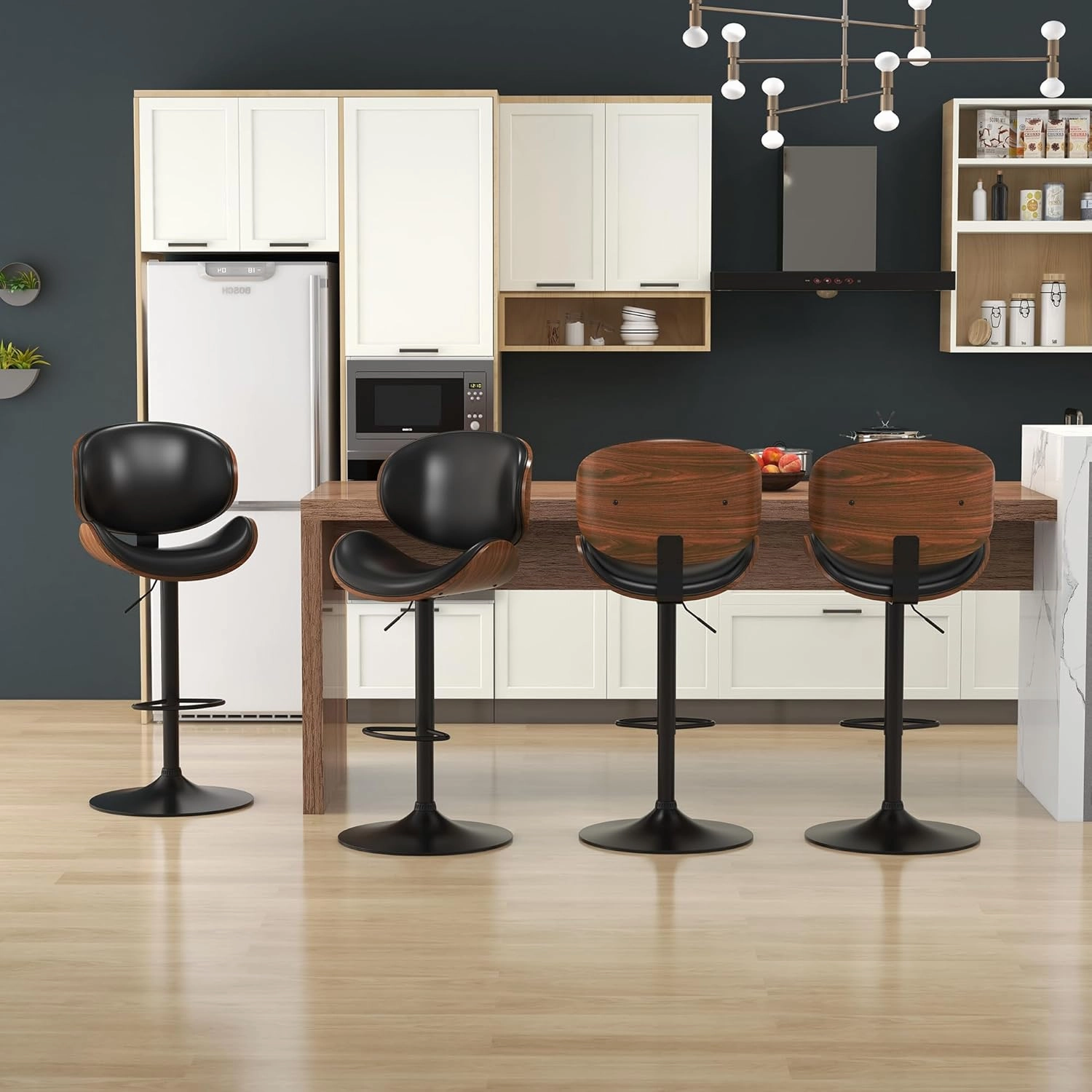 KCC Bar Stools Set of 2, Swivel Adjustable Height Barstools, PU Leather Upholstered Bar Chairs with Footrest, Bentwood Bar Stool for Kitchen, Bar, Dining Room(Black PU)