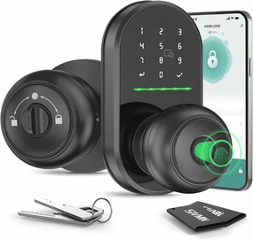 Keypad Smart Door Lock with Knob, Keyless Entry Door Lock, Fingerprint Door Knob for Front Door, Electronic Code, App Remote Control, Easy Installation, Auto Lock,deep Black