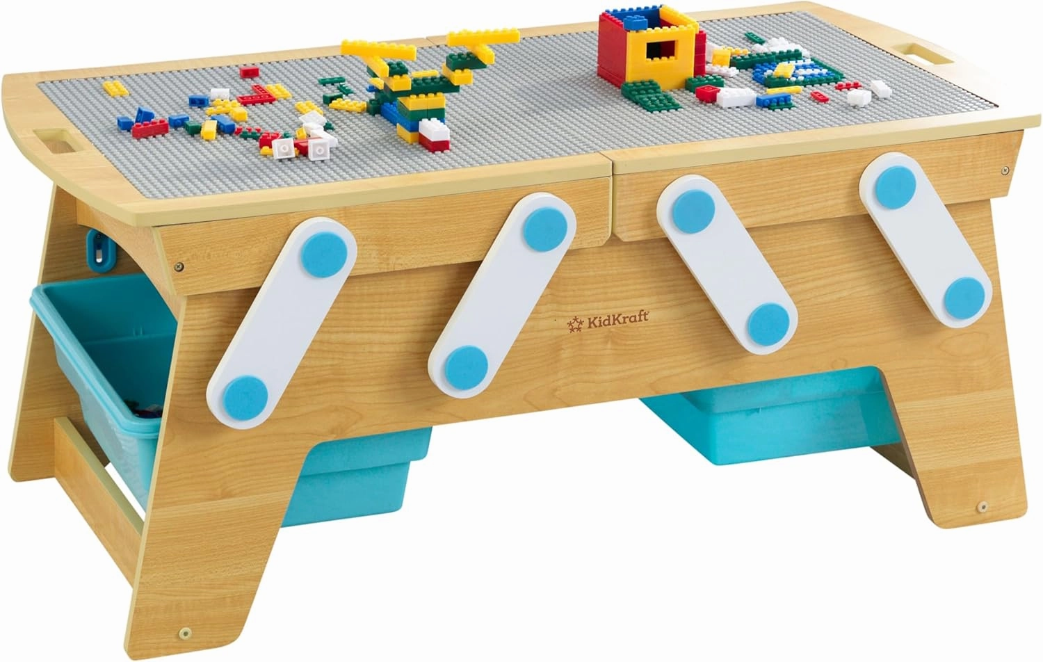 KidKraft Building Bricks Play N Store Wooden Table, Children's Toy Storage with Bins, 200  Building Blocks Included, Natural, Gift for Ages 3 
