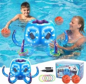 Kids Octopus Pool Toys, 2-in-1 Inflatable Basketball Hoop Ring Toss Outside Games, Toddler Indoor Outdoor Water Play, Cool Summer Beach Family Party Gift 3 4 5 6 7 8 Yr Old Boy Girl Teen